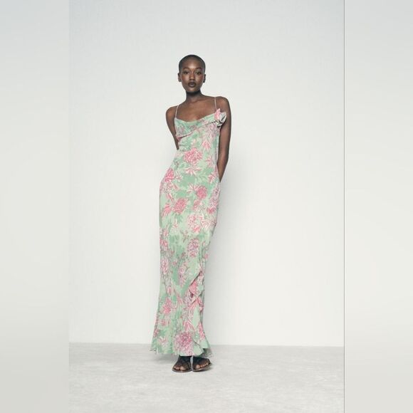 NWT ZARA FLORAL PRINT SLIP DRESS GREEN AND PINK - Picture 6 of 16